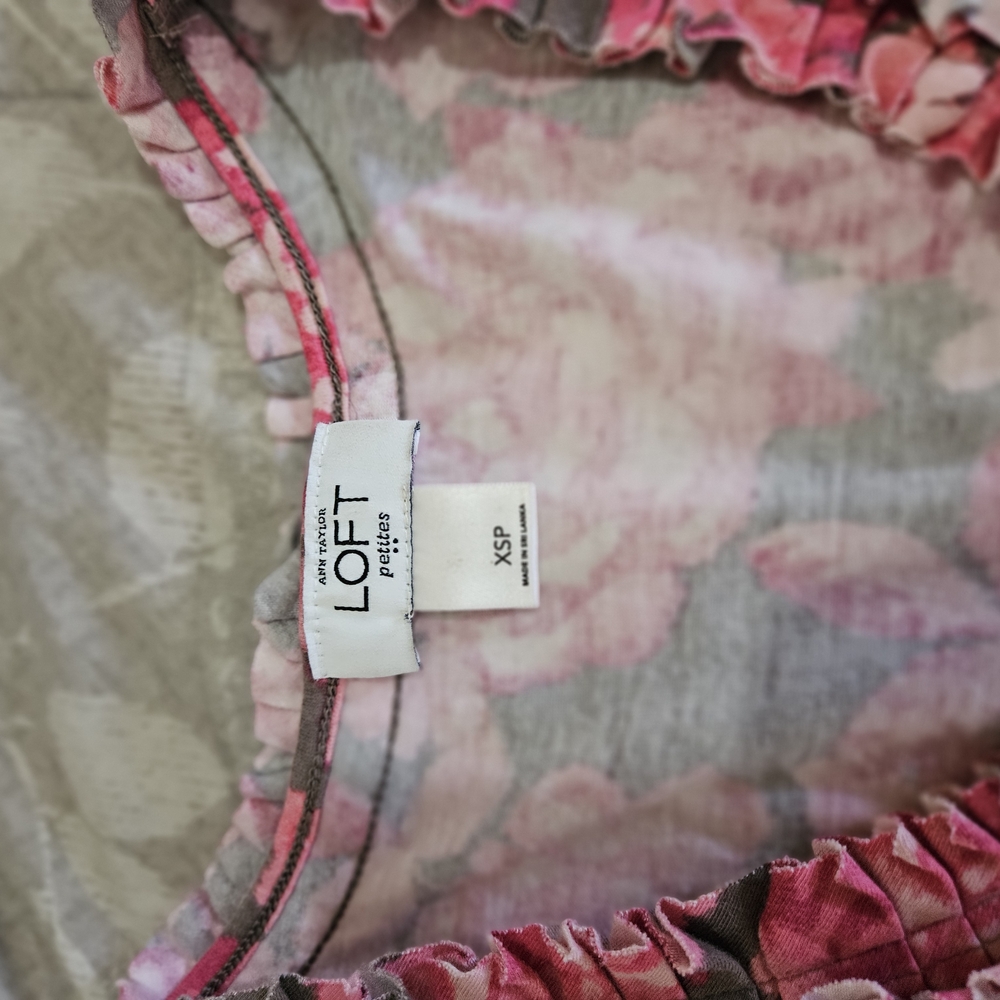 Cottagecore Boho XS- LOFT- Floral Pink and Gray Dress- RUFFLE TRIM V-NECK - Picture 2 of 4